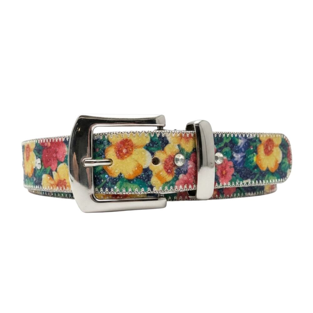 Vintage Womens Belt Sparkle Floral Iridescent Sequins Bonded Leather Bling S